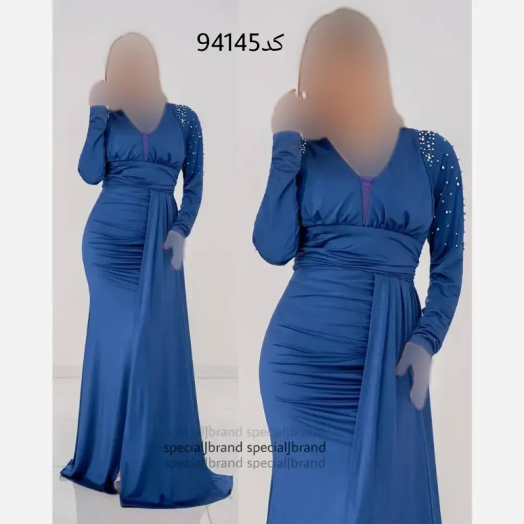 ماکسی مجلسی پانیذ ساتن کش آبی سایز 48 تا 50