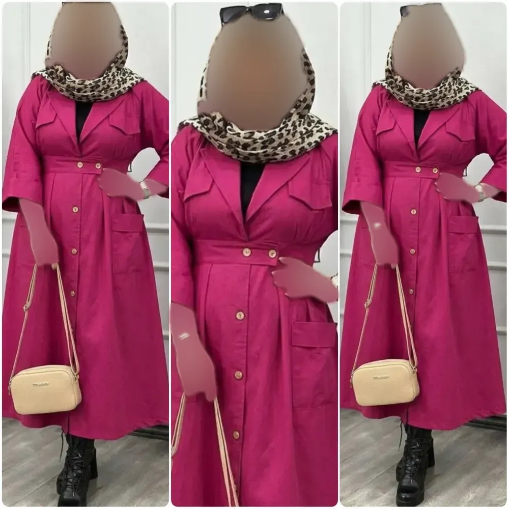 کفتان لنین نچرال زنانه مدل پارمیدا رنگ سرخابی سایز فری سایز 40 تا 48 جیبدار