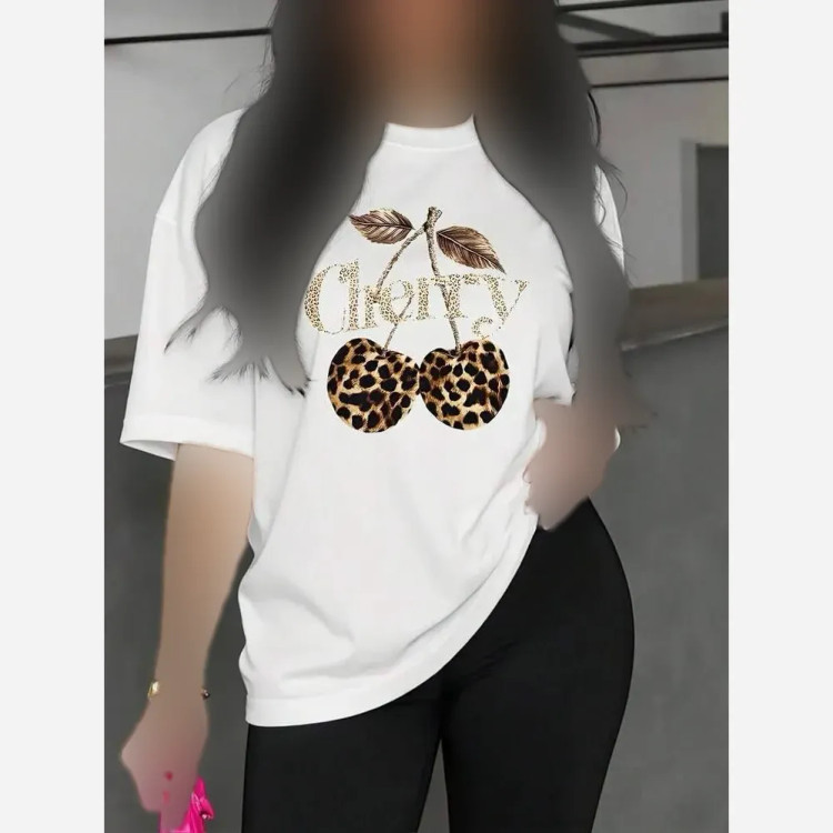 تیشرت نخی زنانه طرح CHERRY رنگ سفید سایز فری 38 تا 48 سوپر پنبه