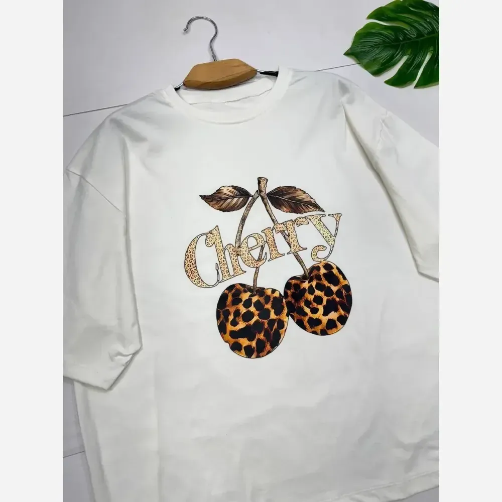تیشرت نخی زنانه طرح CHERRY رنگ سفید سایز فری 38 تا 48 سوپر پنبه