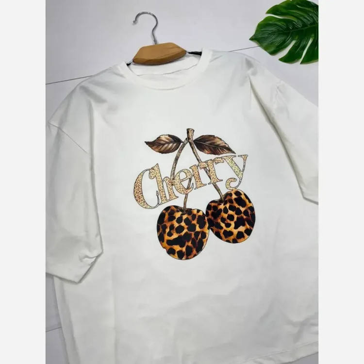 تیشرت نخی زنانه طرح CHERRY رنگ سفید سایز فری 38 تا 48 سوپر پنبه