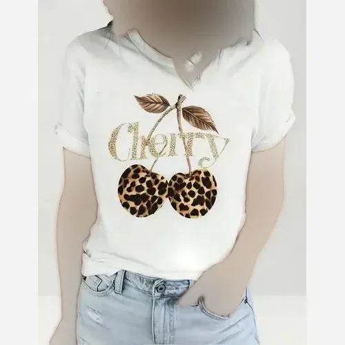 تیشرت نخی زنانه طرح CHERRY رنگ سفید سایز فری 38 تا 48 سوپر پنبه