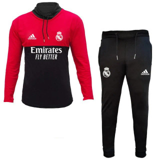 ست تیشرت آستین بلند مردانه و شلوار طرح تیم رئال مدل h8574 جنس جودون یقه ایستاده دم پا کش