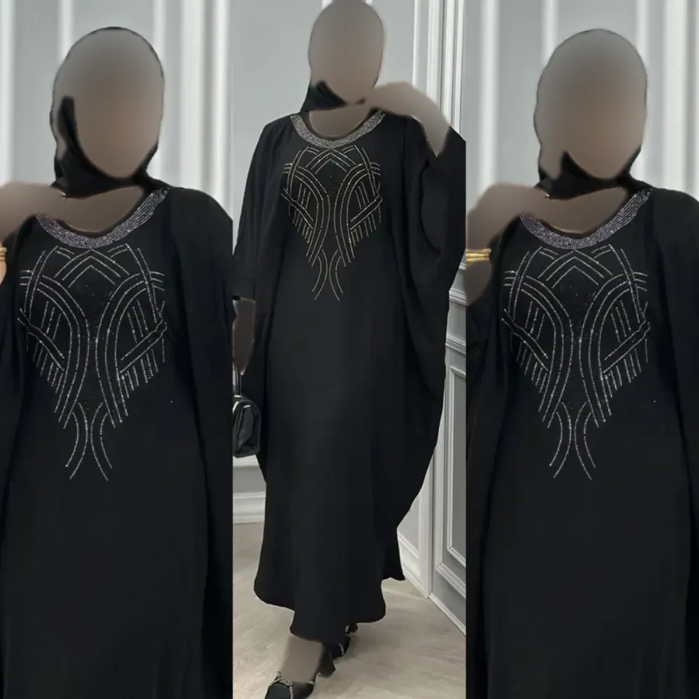 عبا بلند زنانه مدل نگین عنکبوتی جنس الیزه رنگ مشکی سایز فری 38 تا 50 قد 135