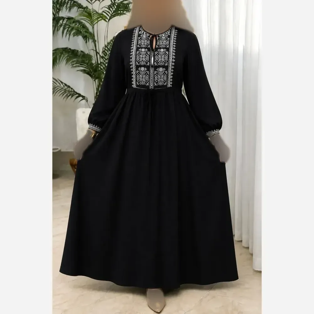 پیراهن نخی زنانه مدل پاپریکا رنگ مشکی فری سایز