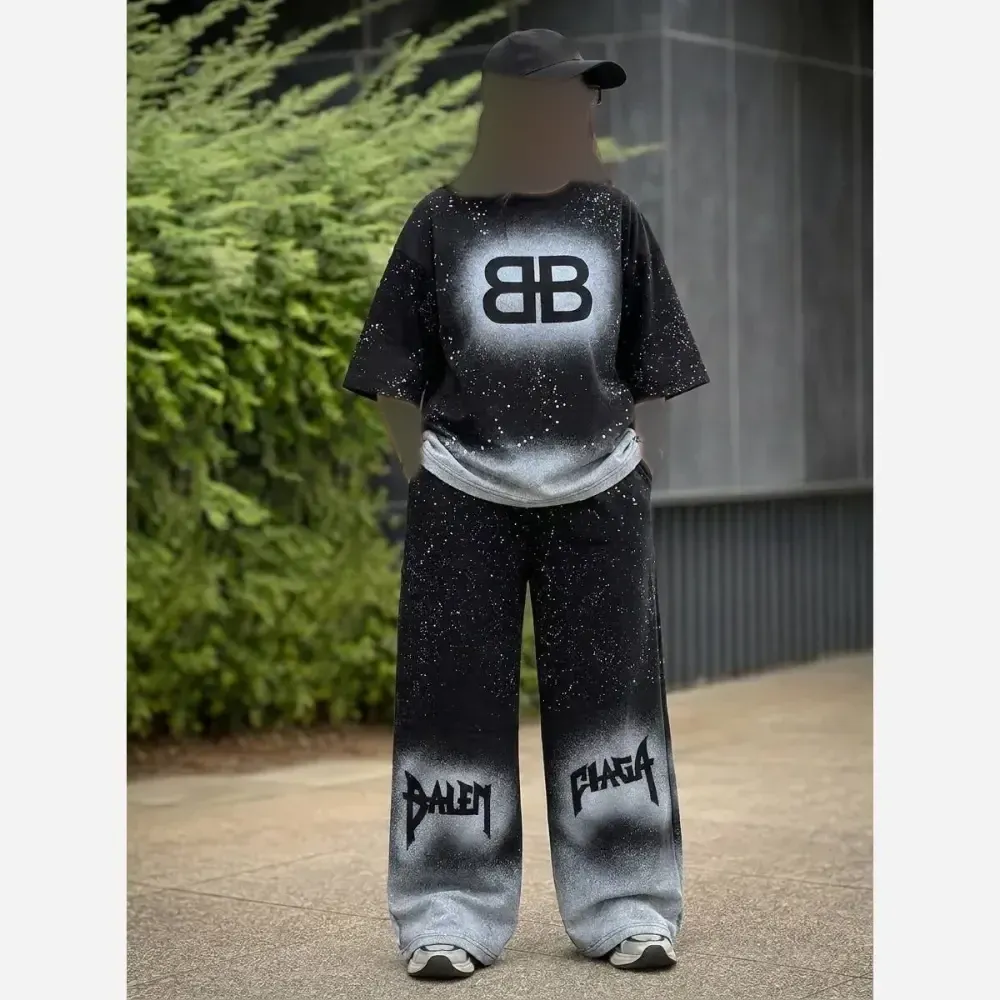 ست تیشرت و شلوار زنانه پنبه گلکسی رنگ مشکی فری سایز