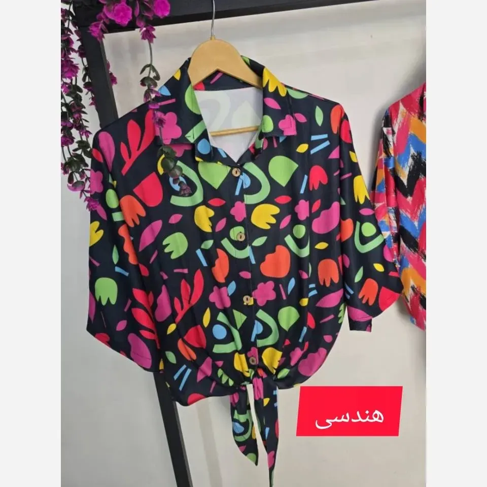 شومیز گره ای رنگی رنگی کرپ کش فری سایز 36 تا 46 طرح هندسی آبرنگ