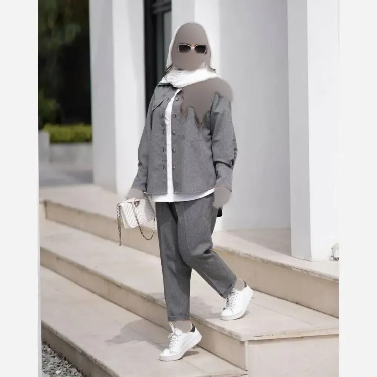 ست سه تیکه زنانه مدل مریم جنس پرشین مکانیک و شومیز داکرون رنگ مشکی و طوسی سایز فری 36 تا 46