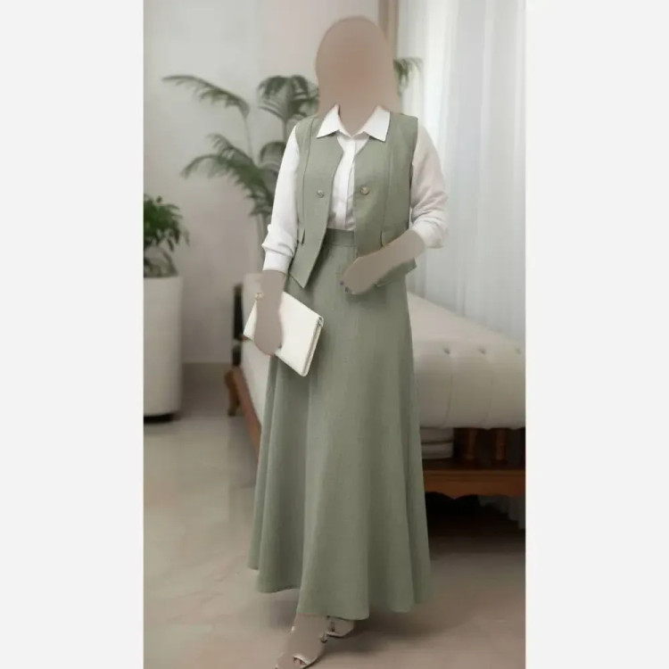 ست سه تیکه شومیز جلیقه و دامن مدل ژینا جنس شانتون سایز فری 36 تا 46