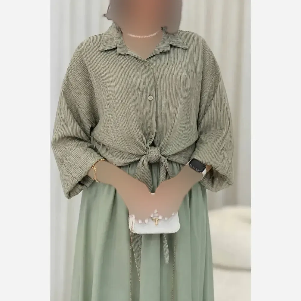 شومیز گره ای پلیسه جنس کوپرا خشک فری سایز