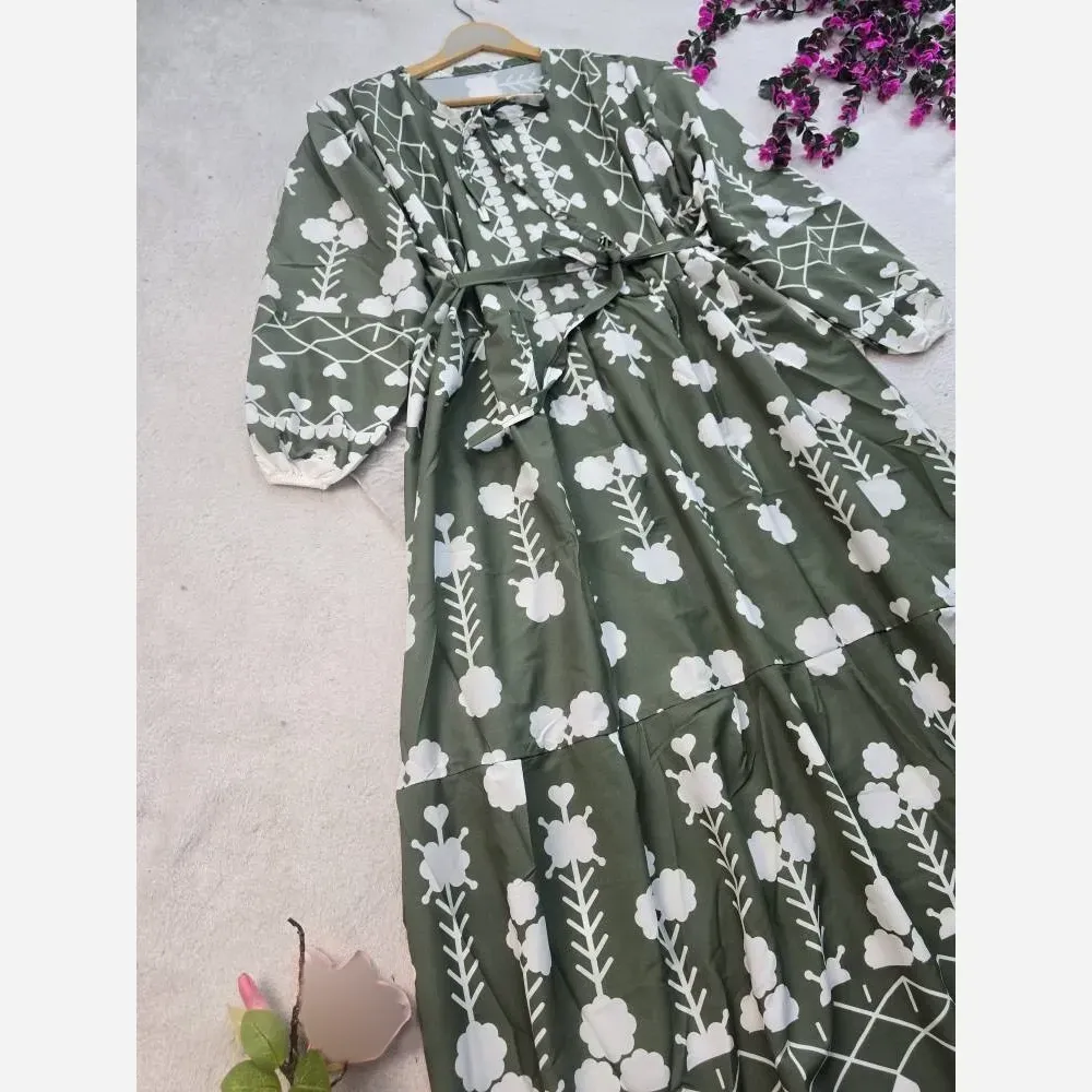 ساحلی زنانه آستین بلند جنس کرپ فلور سایز فری 36 تا 46 رنگ سبز و شکلاتی