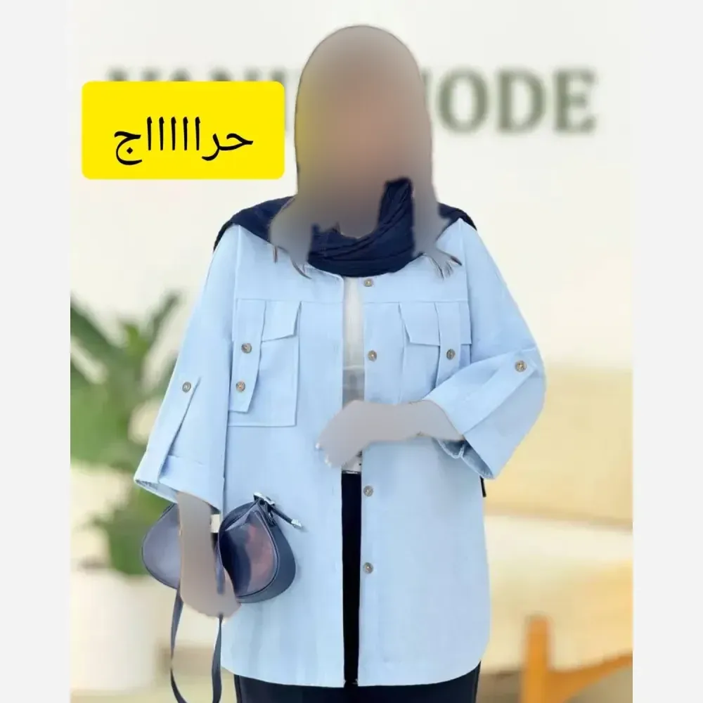 شومیز لنین کتان نیلی جیب طرح صلیبی سایز فری 38 تا 50