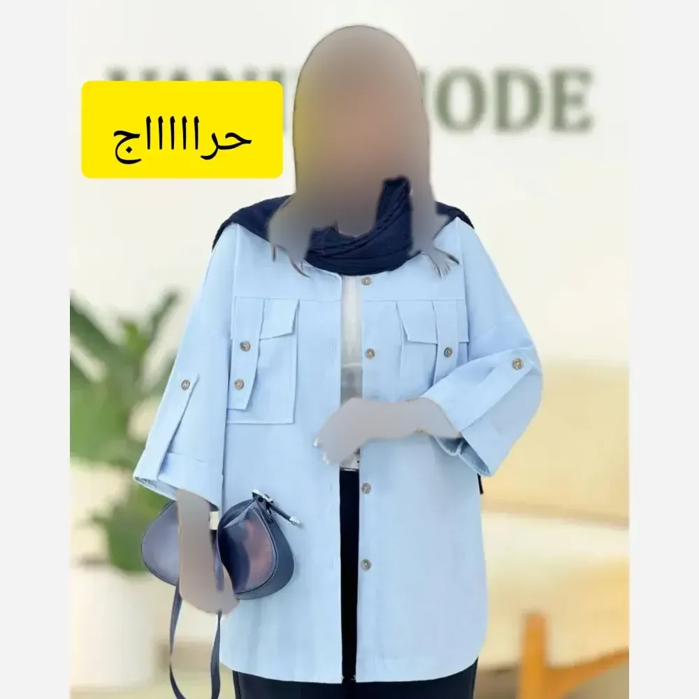 شومیز لنین کتان نیلی جیب طرح صلیبی سایز فری 38 تا 50