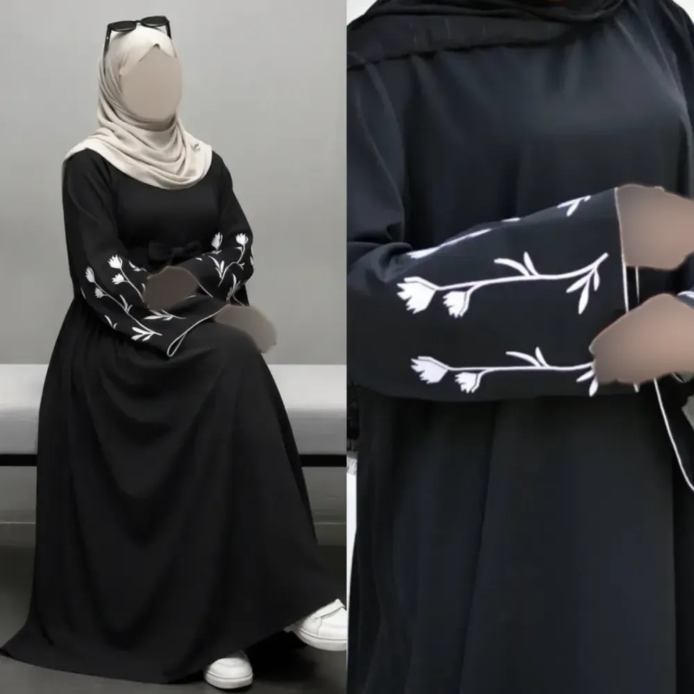 پیراهن عبایی گلدوزی شده گل لاله رنگ مشکی جنس الیزه درجه یک فری سایز