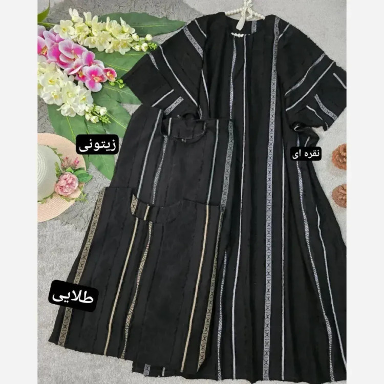 عبا نگین کرپ ژاکارد زنانه قد 130 بند تنظیم نقره ای زیتونی فری سایز 38 تا 50