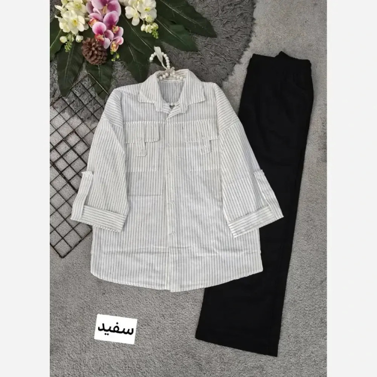 شومیز نخی راه راه زنانه جیب صلیبی فری سایز 36 تا 46 در رنگبندی متنوع