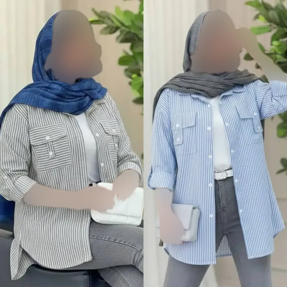 شومیز نخی راه راه زنانه جیب صلیبی فری سایز 36 تا 46 در رنگبندی متنوع