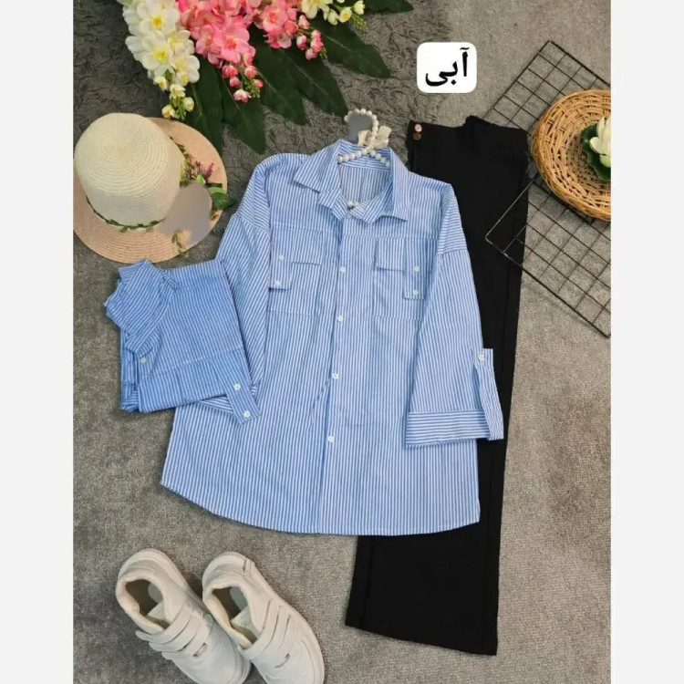 شومیز نخی راه راه زنانه جیب صلیبی فری سایز 36 تا 46 در رنگبندی متنوع
