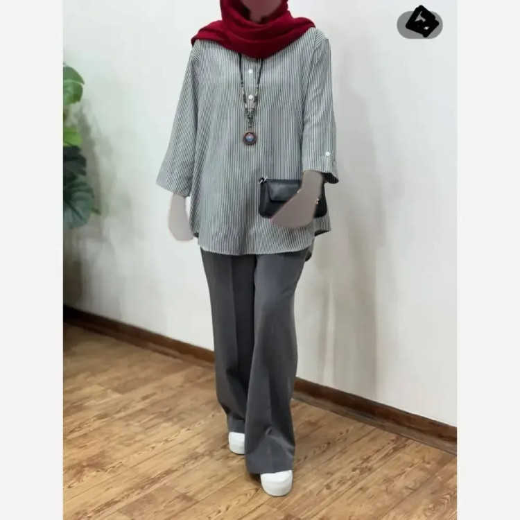 شومیز مانتویی زنانه جنس بنگال پنبه بهاره راه راه تابستانه فری سایز