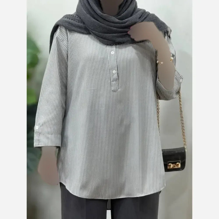 شومیز مانتویی زنانه جنس بنگال پنبه بهاره راه راه تابستانه فری سایز