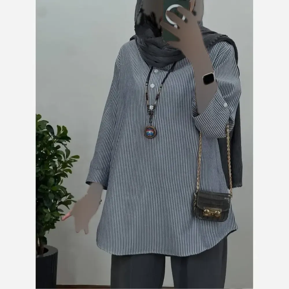 شومیز مانتویی زنانه جنس بنگال پنبه بهاره راه راه تابستانه فری سایز