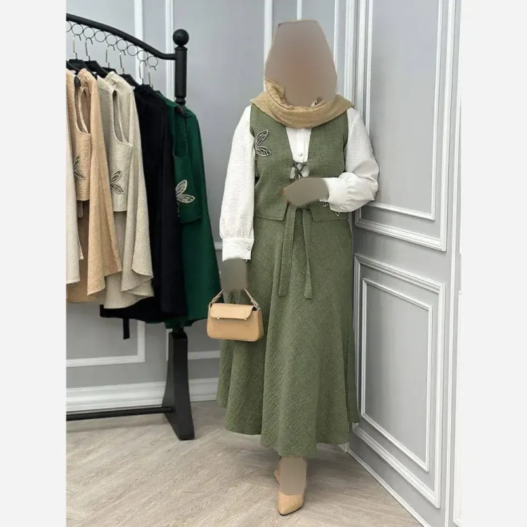 ست سه تیکه جلیقه شومیز و دامن مدل سنجاقک جنس شانتون و داکرون فری سایز