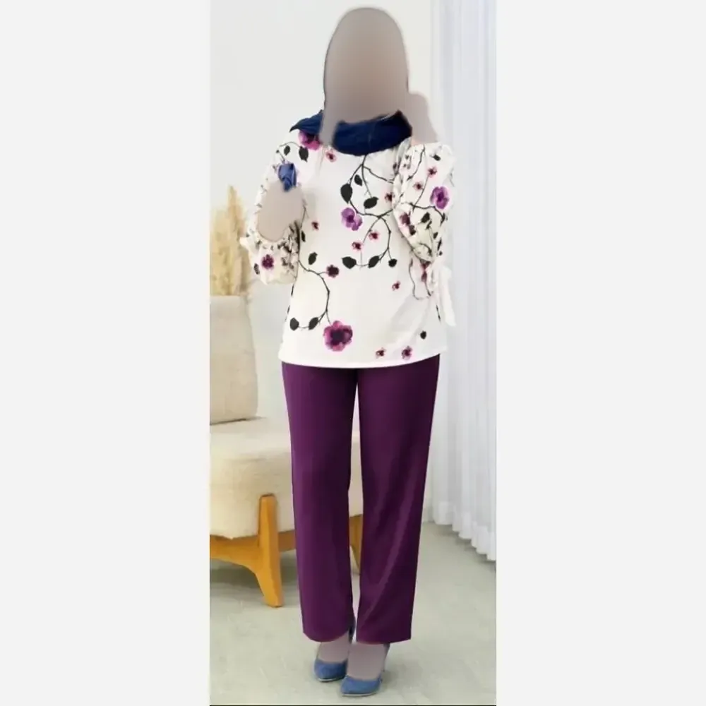 ست شومیز و شلوار زنانه مدل شکوفه جنس بوگاتی فری سایز 36 تا 46