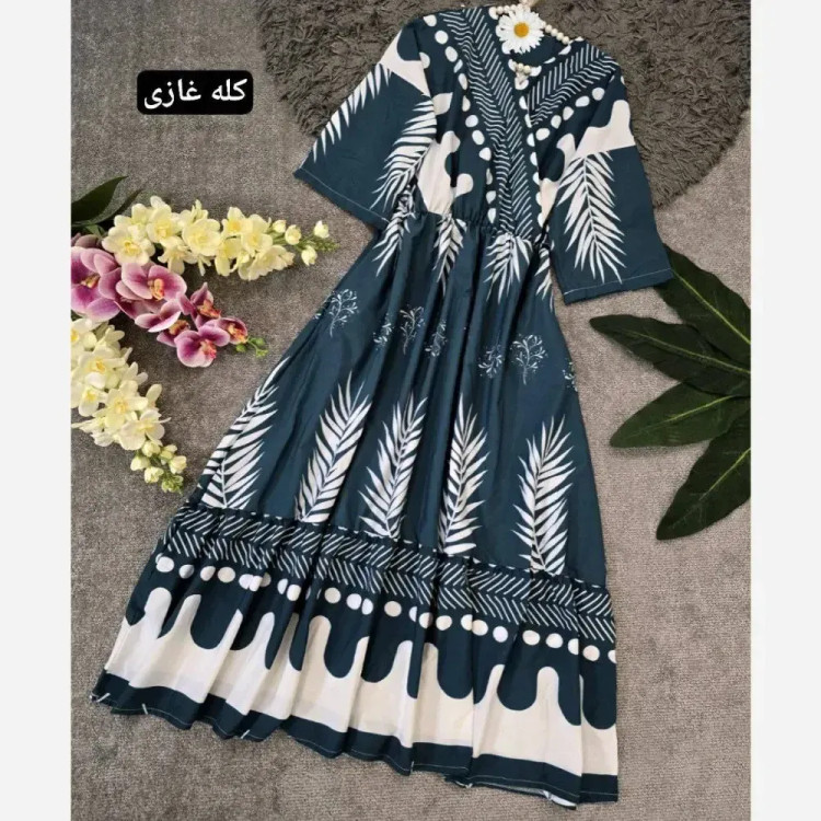 پیراهن ساحلی کاج الیزه فری سایز قد 125 سانت سبز سورمه ای کرم نسکافه