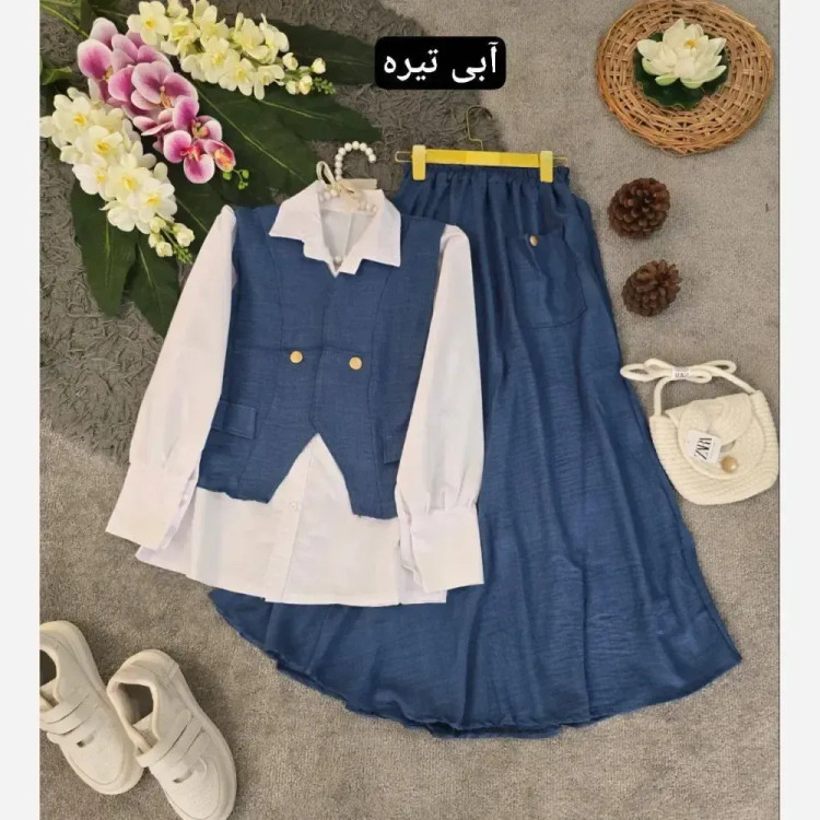 ست سه تیکه شومیز جلیقه و دامن مدل ژینا جنس شانتون