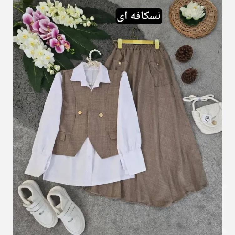 ست سه تیکه شومیز جلیقه و دامن مدل ژینا جنس شانتون
