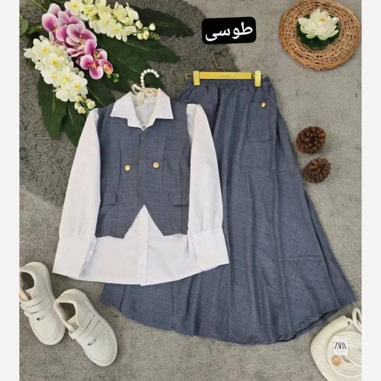 ست سه تیکه شومیز جلیقه و دامن مدل ژینا جنس شانتون