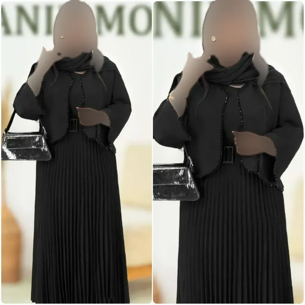 سه تیکه زنانه مدل فاریا سارافون بوگاتی و کت کرپ مازراتی رنگ مشکی فری سایز