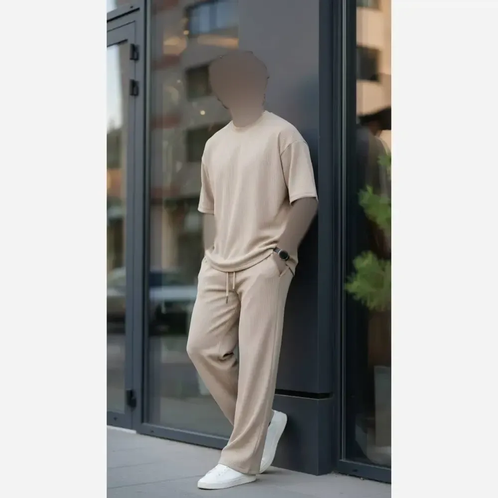 ست تی شرت و شلوار مردانه یقه گرد فتیله ای کبریتی درجه یک فری سایز