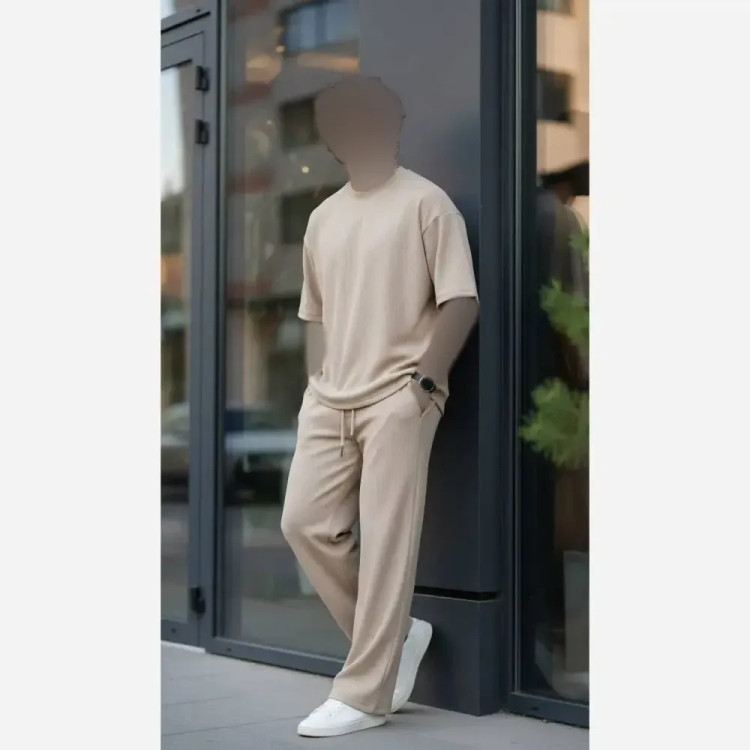 ست تی شرت و شلوار مردانه یقه گرد فتیله ای کبریتی درجه یک فری سایز