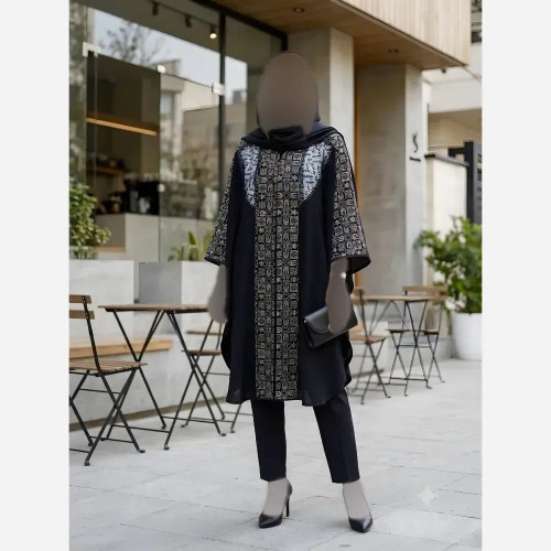 پانچ مجلسی مشکی شانتون با خرجکار ژاکارد و گیپور فری سایز