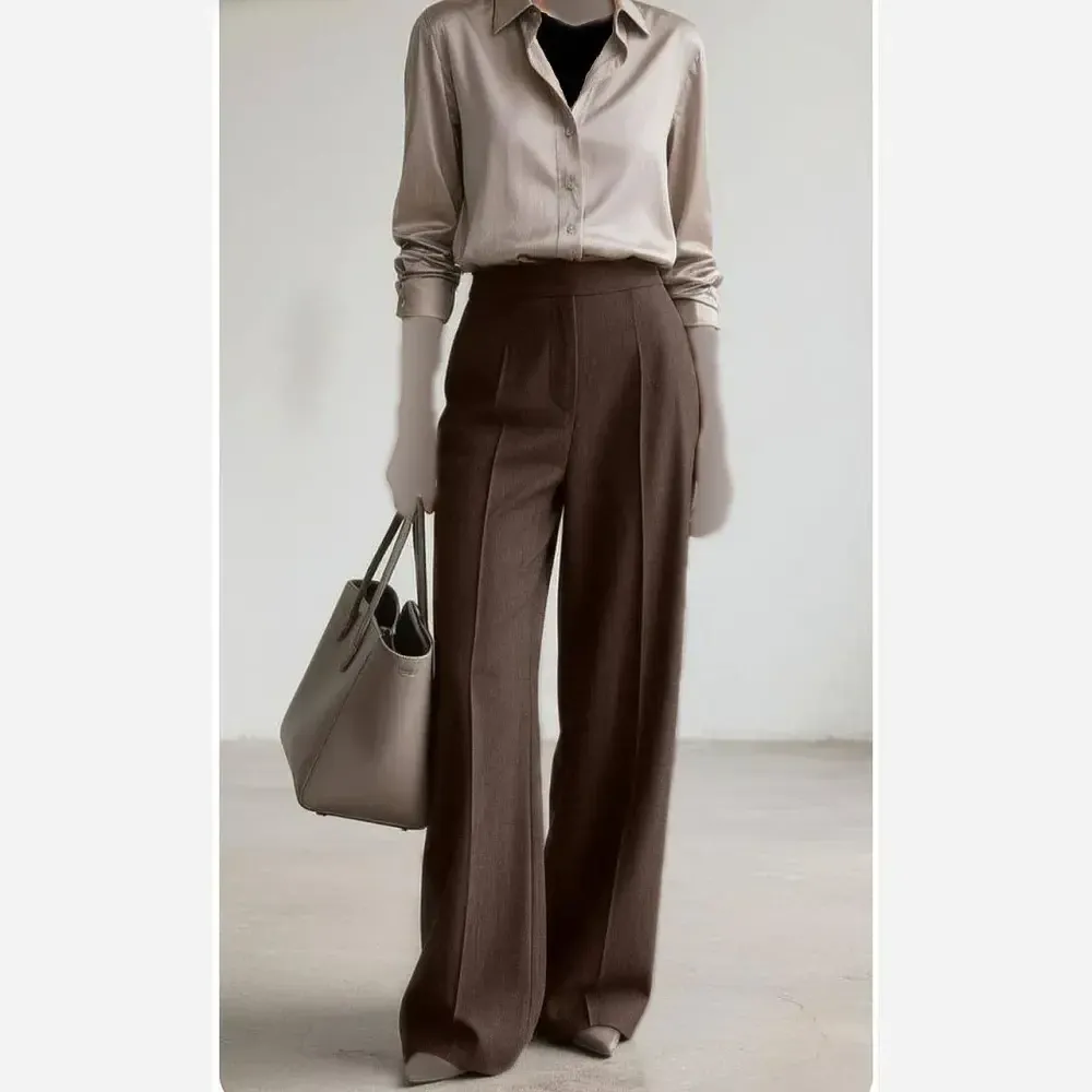 شلوار نیم بگ زنانه مدل نهال جنس کرپ بزیاق رنگ قهوه ای و سورمه ای