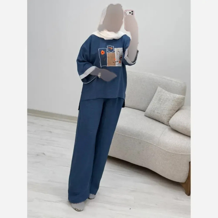تونیک شلوار تیکه دوزی شانتون خنک فری سایز