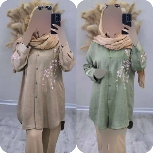شومیز مانتویی آرتینا گلدوزی شده جنس شانتون در رنگ بندی کرم نسکافه ای سبز سرمه ای قهوه ای سایز یک و دو