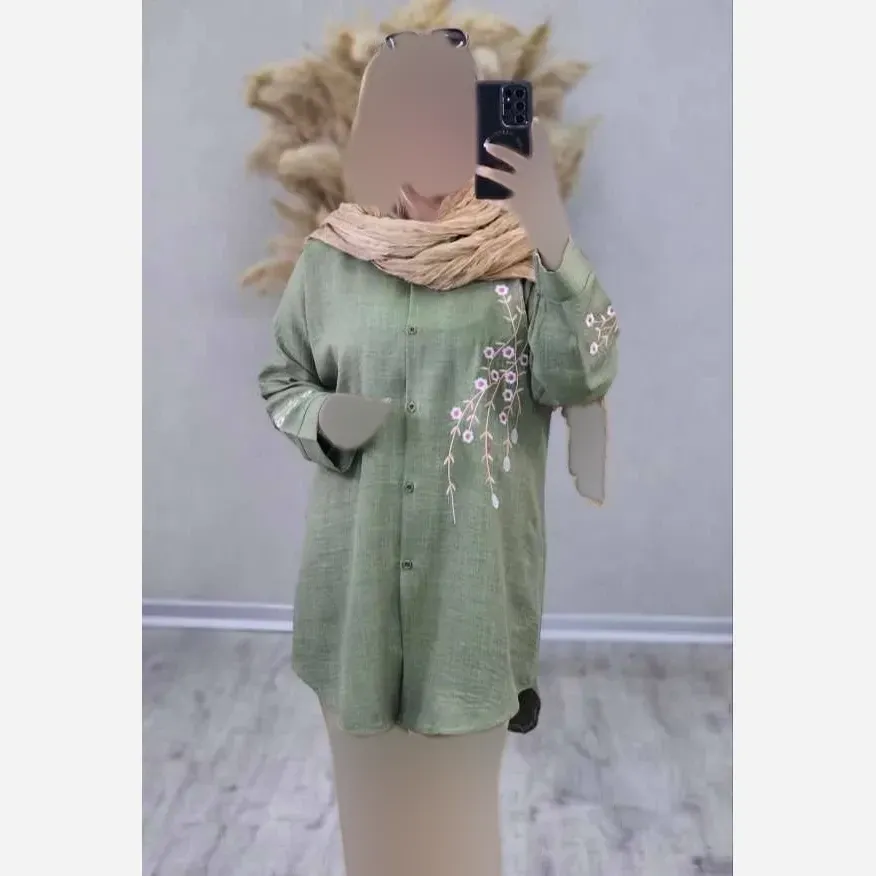 شومیز مانتویی آرتینا گلدوزی شده جنس شانتون در رنگ بندی کرم نسکافه ای سبز سرمه ای قهوه ای سایز یک و دو