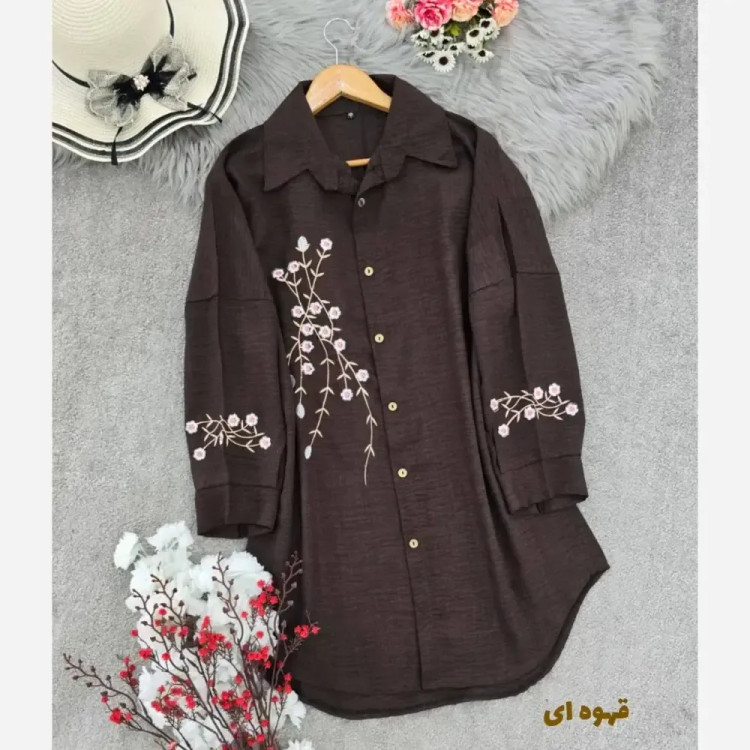 شومیز مانتویی آرتینا گلدوزی شده جنس شانتون در رنگ بندی کرم نسکافه ای سبز سرمه ای قهوه ای سایز یک و دو