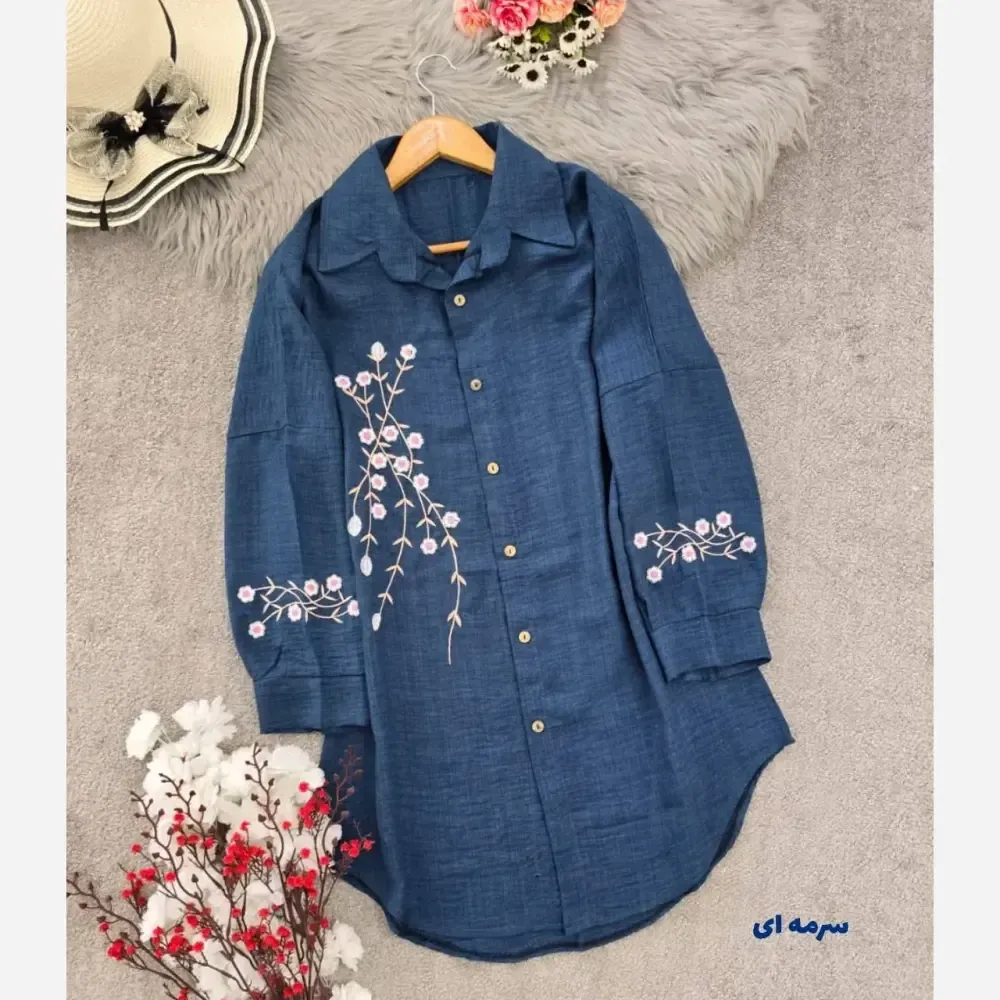 شومیز مانتویی آرتینا گلدوزی شده جنس شانتون در رنگ بندی کرم نسکافه ای سبز سرمه ای قهوه ای سایز یک و دو