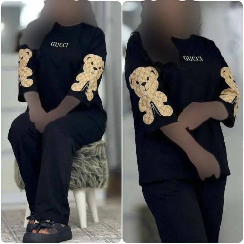 ست لباس راحتی زنانه طرح گوچی خرسی جنس پنبه گلکسی سایز فری 36 تا 46 گلدوزی دار