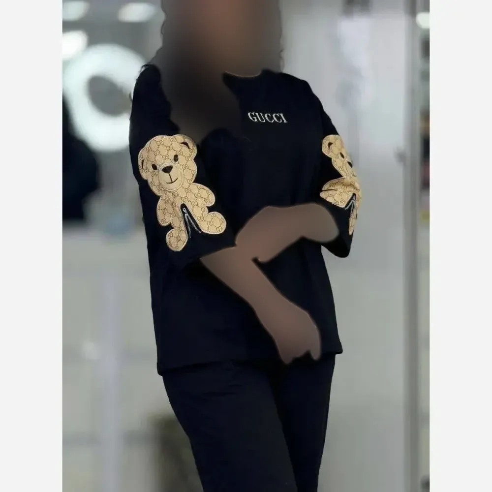 ست لباس راحتی زنانه طرح گوچی خرسی جنس پنبه گلکسی سایز فری 36 تا 46 گلدوزی دار