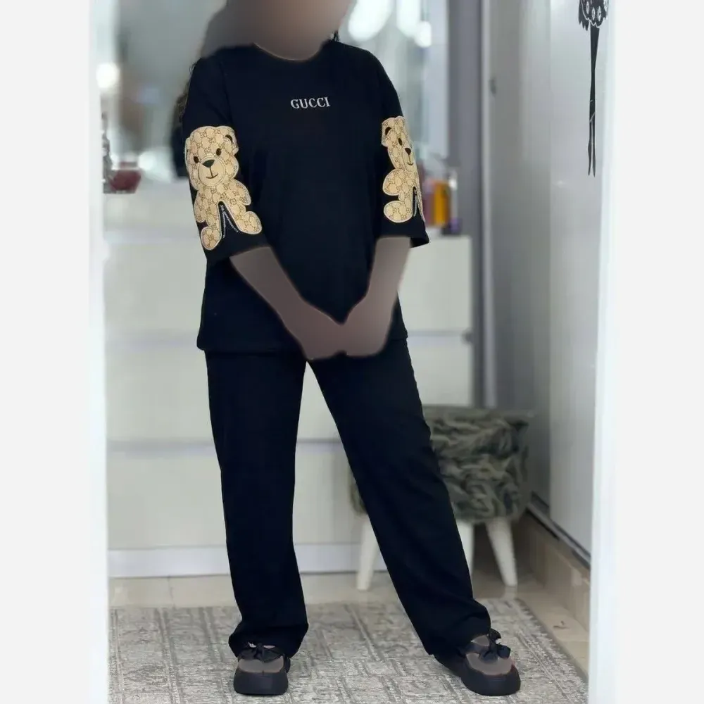 ست لباس راحتی زنانه طرح گوچی خرسی جنس پنبه گلکسی سایز فری 36 تا 46 گلدوزی دار