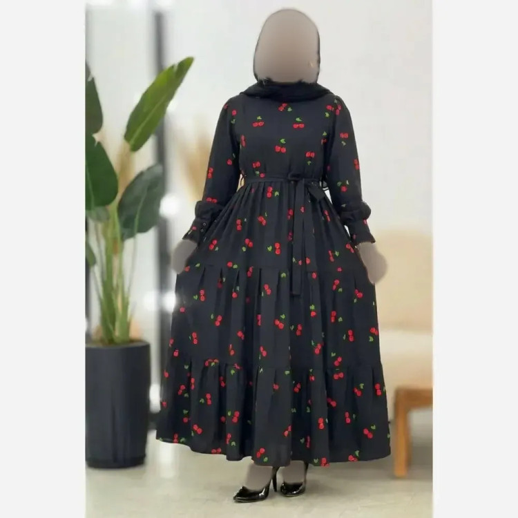 پیراهن گیلاسی یقه چین جنس بوگاتی رنگ مشکی سایز فری 38 تا 46