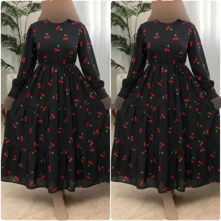 پیراهن گیلاسی یقه چین جنس بوگاتی رنگ مشکی سایز فری 38 تا 46