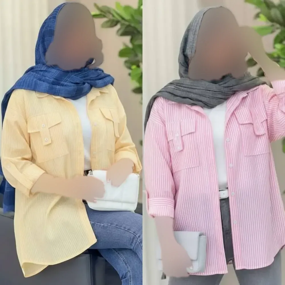 شومیز نخی راه راه جیب صلیبی فری سایز خنک و قواره دار