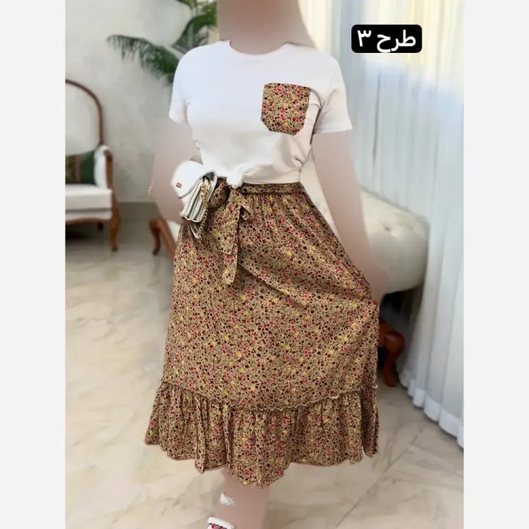 ست تیشرت پنبه و دامن تمام نخ لیلی سایز فری 38 تا 46
