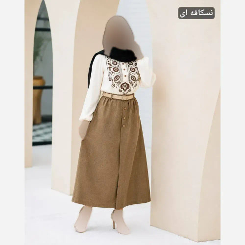 ست شومیز دامن برتا کتان کنفی و ابروبادی فری سایز 36 تا 46 با گلدوزی روی یقه