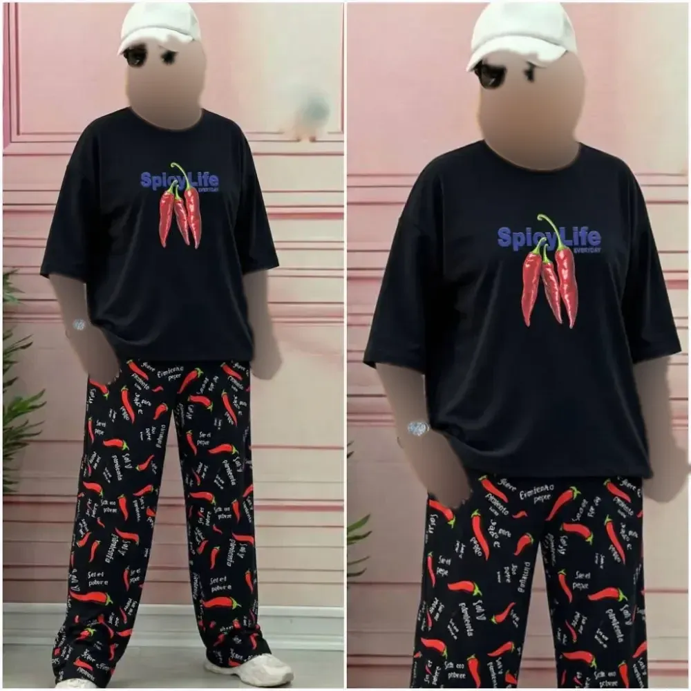 ست تیشرت نخ پنبه و شلوار بوگاتی مدل pepper رنگ مشکی و سفید سایز فری 38 تا 48